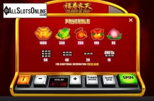 Paytable screen. Fu Shou Qi Tian from Skywind Group