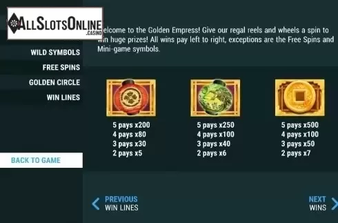 Paytable 1. Golden Empress from Slot Factory