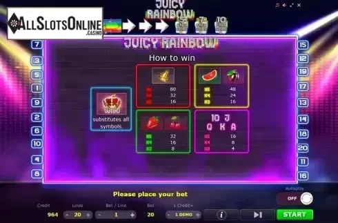Paytable screen
