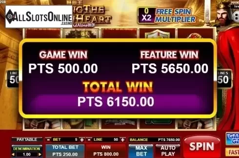 Total win screen. King The Lion Heart SA from Spadegaming