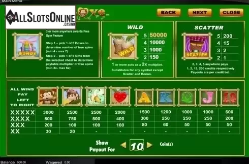 Paytable. Monkey Love from Amaya