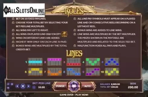 Paylines screen
