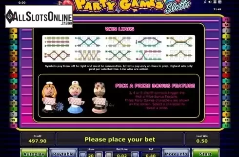 Paytable 2. Party Games Slotto from Greentube