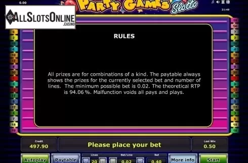 Paytable 3. Party Games Slotto from Greentube