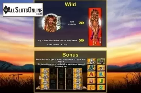 Paytable. Respin Rhino from Lightning Box