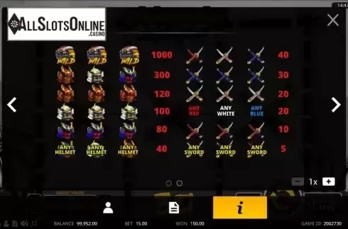 Samurai Blade - Paytable screen