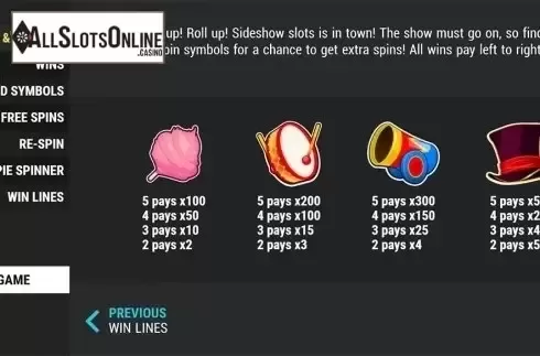 Paytable . Sideshow Slots from Slot Factory