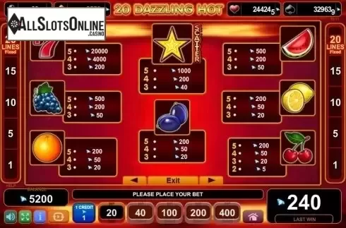Paytable 1. 20 Dazzling Hot from EGT