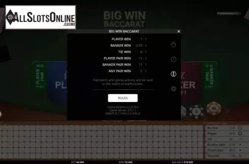 Paytable. Big Win Baccarat from iSoftBet