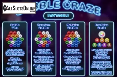 Paytable. Bubble Craze from IGT
