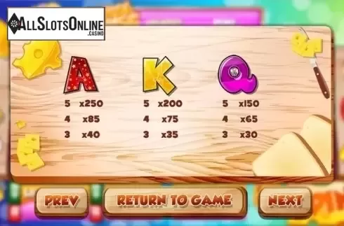 Paytable 2. Cheese Chase from Slot Factory