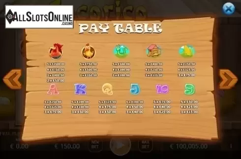 Paytable. Cocorico from KA Gaming