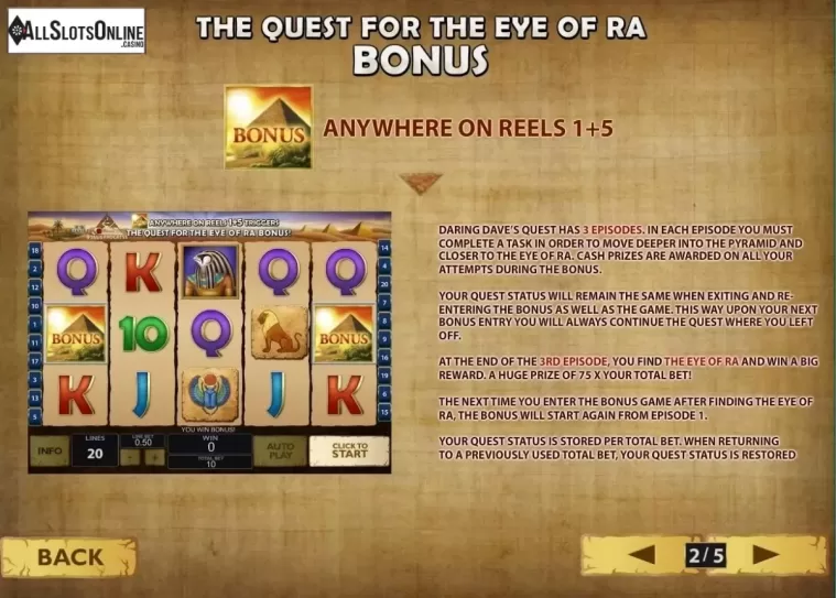 Feautures Description screen. Daring Dave & the Eye of Ra from Playtech