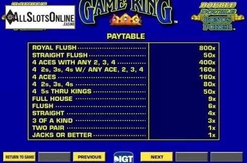 Paytable. Double Double Bonus Poker Game King from IGT
