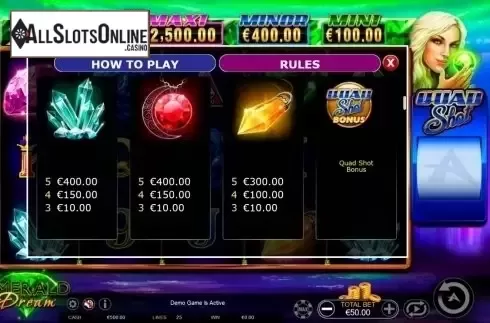 Paytable 2. Emerald Dream Quad Shot from Ainsworth