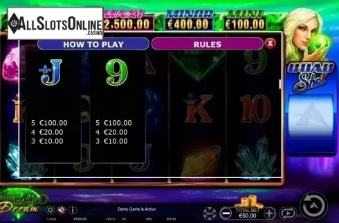 Paytable 4. Emerald Dream Quad Shot from Ainsworth