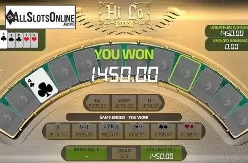 Win screen. Hi Lo MaX from FunFair