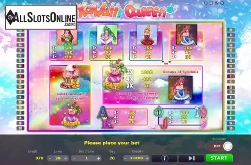 Paytable. Kawaii Queen from Five Men Games