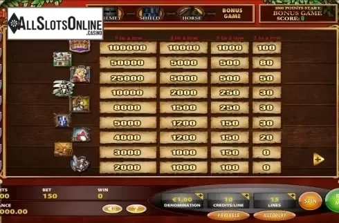 Paytable. Knights of Glory from IGT