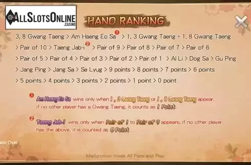 Hand Ranking screen