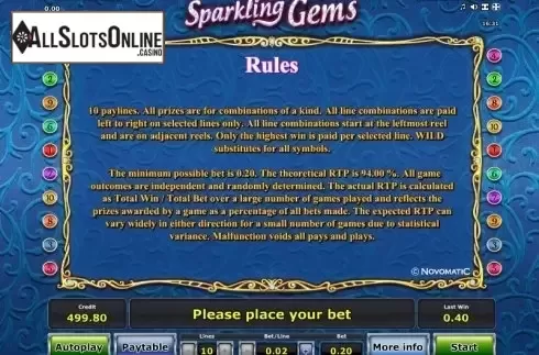 Paytable 4. Sparkling Gems from Greentube