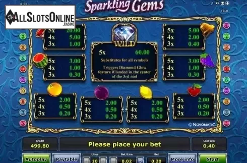 Paytable 1. Sparkling Gems from Greentube