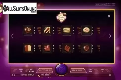 Paytable. The Chocolate Slot from We Are Casino