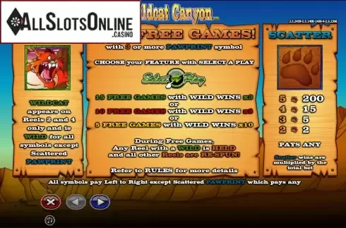 Paytable 1. Wild Cat Canyon from NextGen