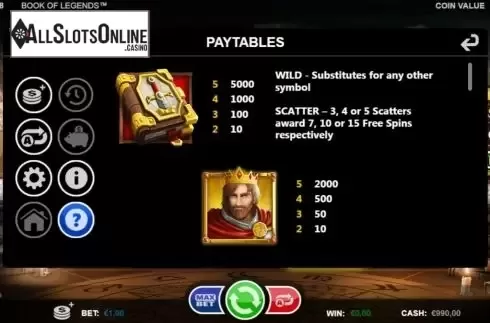 Paytable screen. Book of Legends (Games Inc) from Games Inc