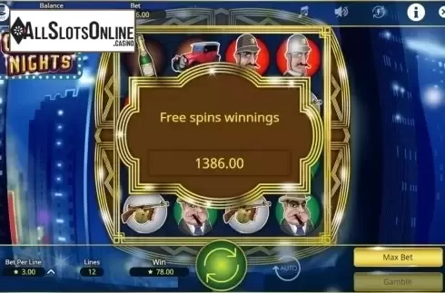 Free Spins Win Screen. Chicago Nights from Booming Games