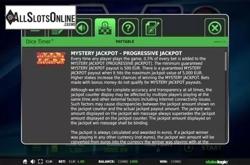 Paytable . Dice Timer from StakeLogic