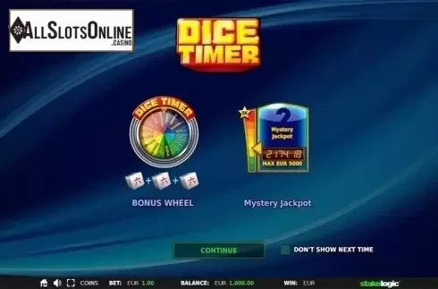 Intro screen. Dice Timer from StakeLogic