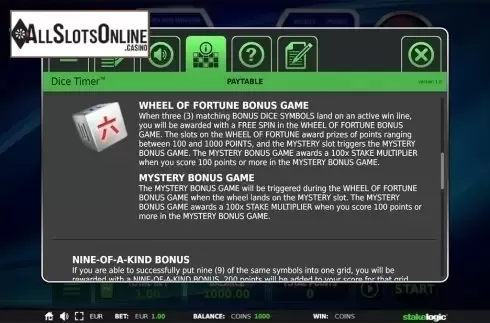 Paytable 2. Dice Timer from StakeLogic