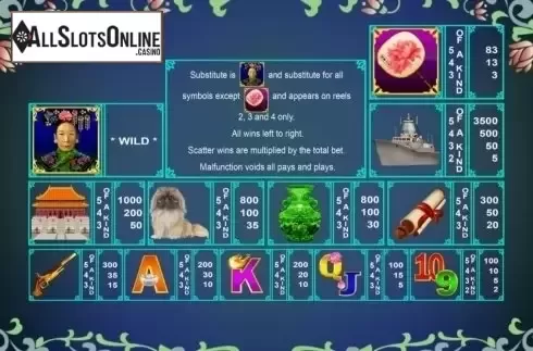 Paytable. Empress Dowager Cixi from August Gaming