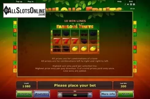 Paytable 2. Fabulous Fruits from Greentube