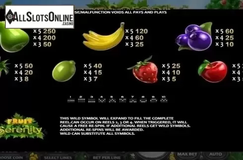 Paytable. Fruit Serenity from Nucleus Gaming