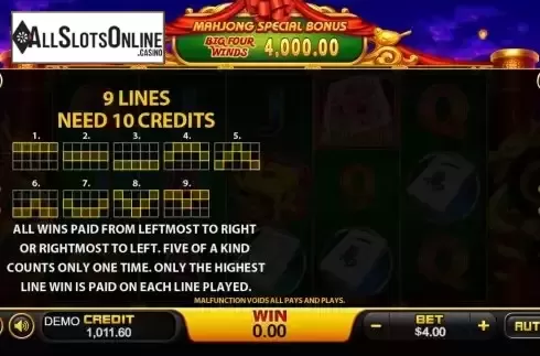 Paylines screen