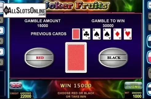 Gamble game screen. Joker Fruits Deluxe from Novomatic