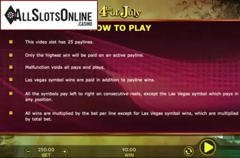 Rules how to play. 4th Of July from 888 Gaming