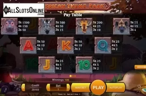 Paytable screen. African Theme Park from Mancala Gaming
