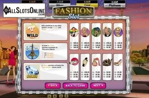 Paytable. Fashion Slot (Betsense) from Betsense