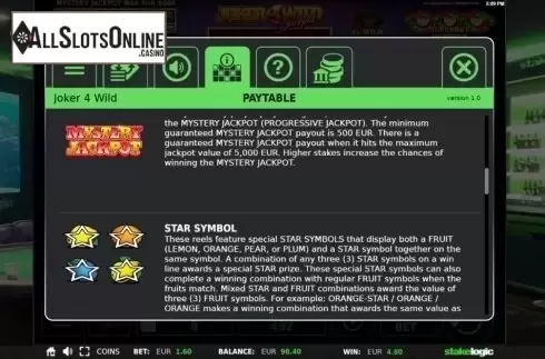 Paytable 2. Joker 4 Wild from StakeLogic