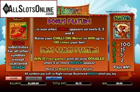 Paytable 1. La Cucaracha from NextGen