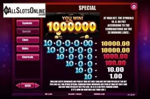 Paytable . Million Cents from iSoftBet