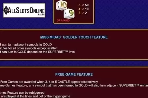 Paytable 2. Miss Midas Dice from NextGen