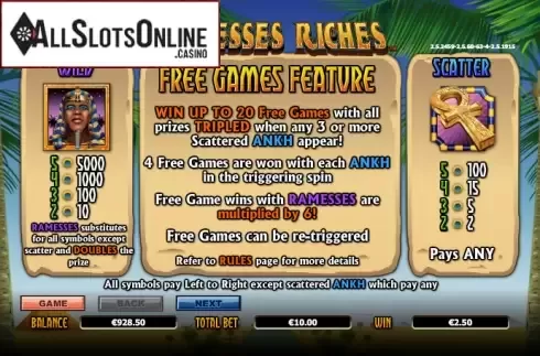 Paytable 1. Ramesses Riches from NextGen