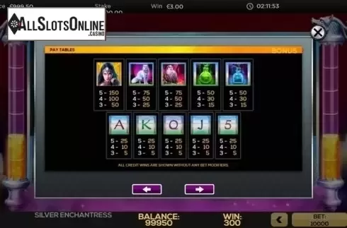 Paytable. Silver Enchantress from High 5 Games