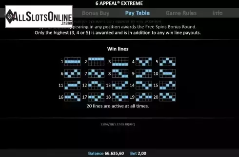 Paylines screen