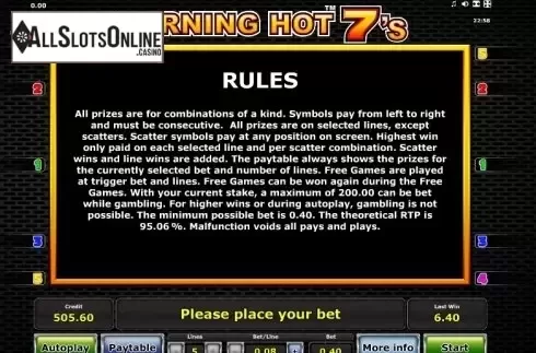 Paytable 4. Burning Hot Sevens from Greentube
