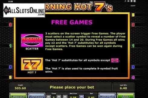 Paytable 2. Burning Hot Sevens from Greentube